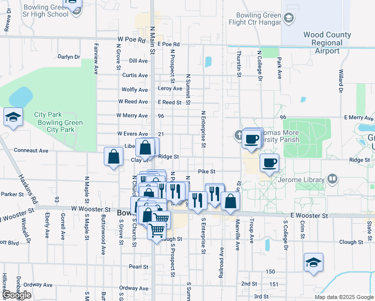 map of restaurants, bars, coffee shops, grocery stores, and more near 225 Ridge Street in Bowling Green