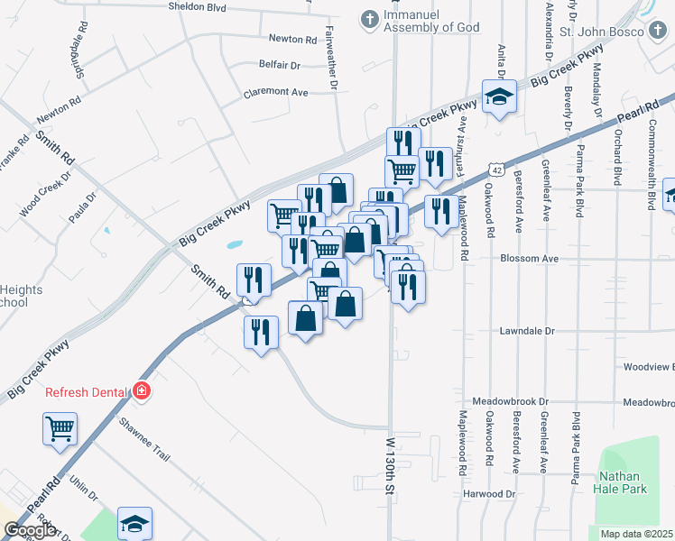 map of restaurants, bars, coffee shops, grocery stores, and more near Southland Drive in Middleburg Heights