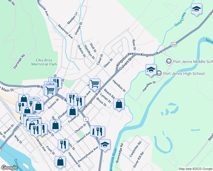 map of restaurants, bars, coffee shops, grocery stores, and more near 54-56 Kingston Avenue in Port Jervis