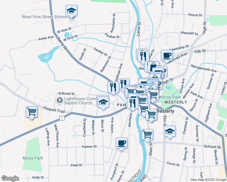 map of restaurants, bars, coffee shops, grocery stores, and more near 5 Morton Avenue in Stonington