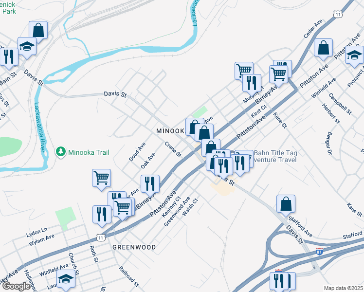 map of restaurants, bars, coffee shops, grocery stores, and more near 411 Davis Street in Scranton