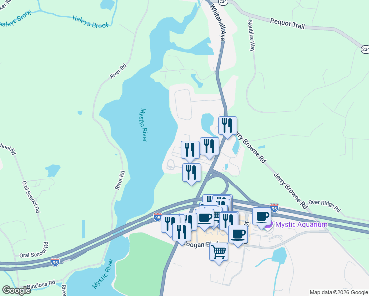 map of restaurants, bars, coffee shops, grocery stores, and more near 108 Fair Acres Circle in Stonington