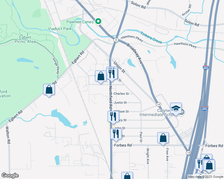 map of restaurants, bars, coffee shops, grocery stores, and more near in Oakwood Village