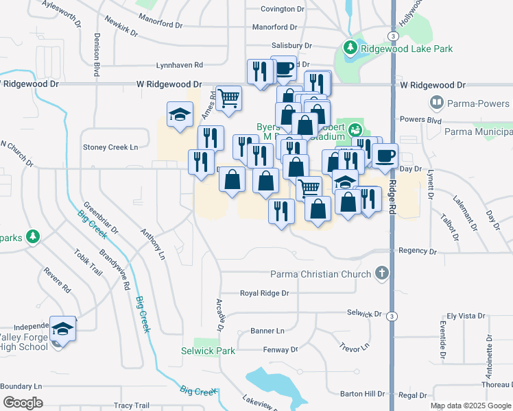 map of restaurants, bars, coffee shops, grocery stores, and more near 8303 Day Drive in Parma