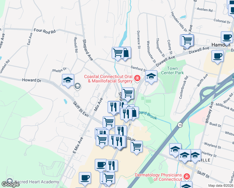 map of restaurants, bars, coffee shops, grocery stores, and more near 56 Shepards Knoll Drive in Hamden