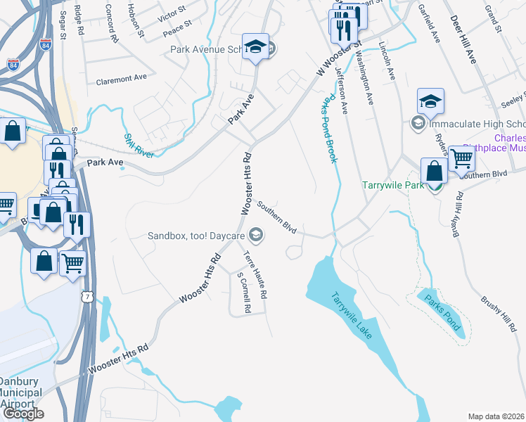 map of restaurants, bars, coffee shops, grocery stores, and more near 212 1/2 Southern Boulevard in Danbury