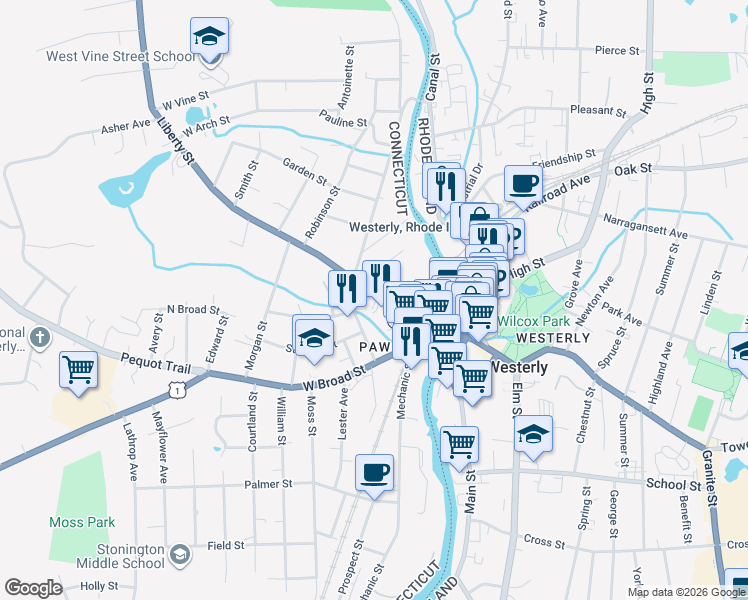 map of restaurants, bars, coffee shops, grocery stores, and more near 34 Liberty Street in Stonington