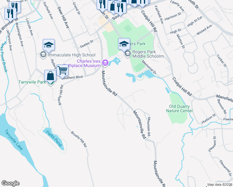 map of restaurants, bars, coffee shops, grocery stores, and more near 26 Mountainville Road in Danbury