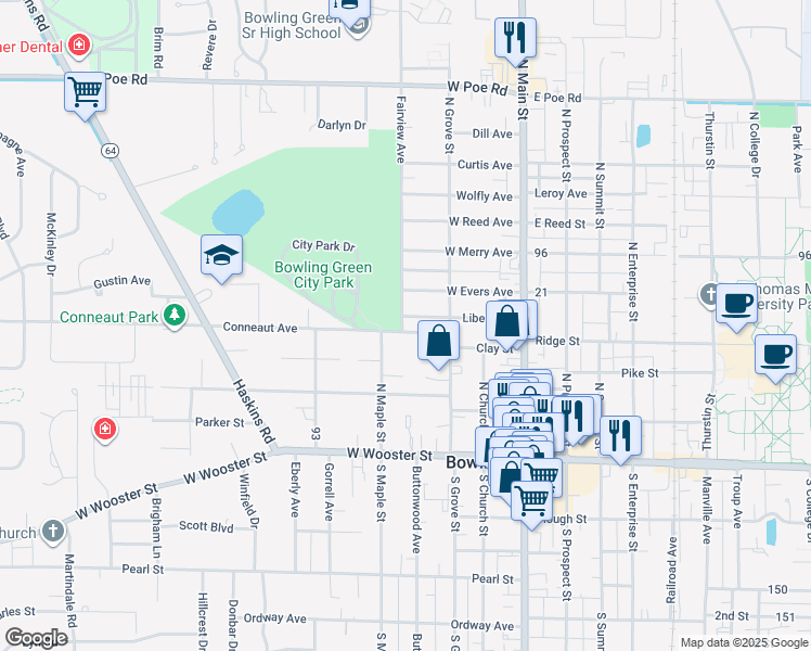 map of restaurants, bars, coffee shops, grocery stores, and more near 342 Conneaut Avenue in Bowling Green