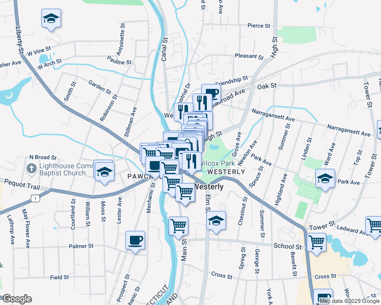 map of restaurants, bars, coffee shops, grocery stores, and more near 42 High Street in Westerly