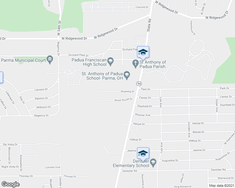 map of restaurants, bars, coffee shops, grocery stores, and more near 4423 Bruening Drive in Cleveland