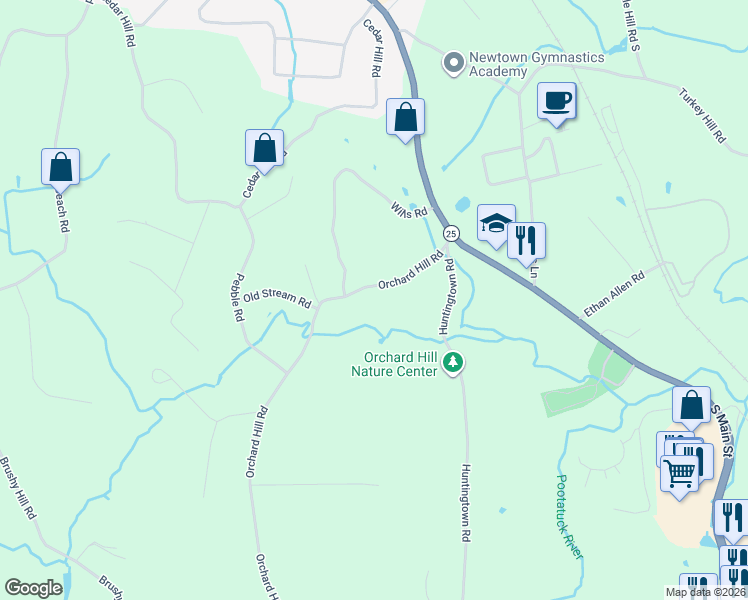 map of restaurants, bars, coffee shops, grocery stores, and more near 11 Orchard Hill Road in Newtown