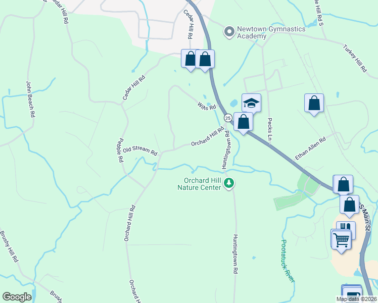 map of restaurants, bars, coffee shops, grocery stores, and more near 11 Orchard Hill Road in Newtown