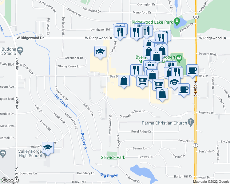 map of restaurants, bars, coffee shops, grocery stores, and more near 8735 Day Drive in Parma