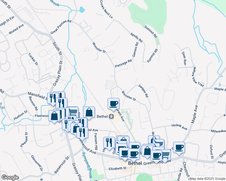 map of restaurants, bars, coffee shops, grocery stores, and more near 38 Durant Avenue in Bethel