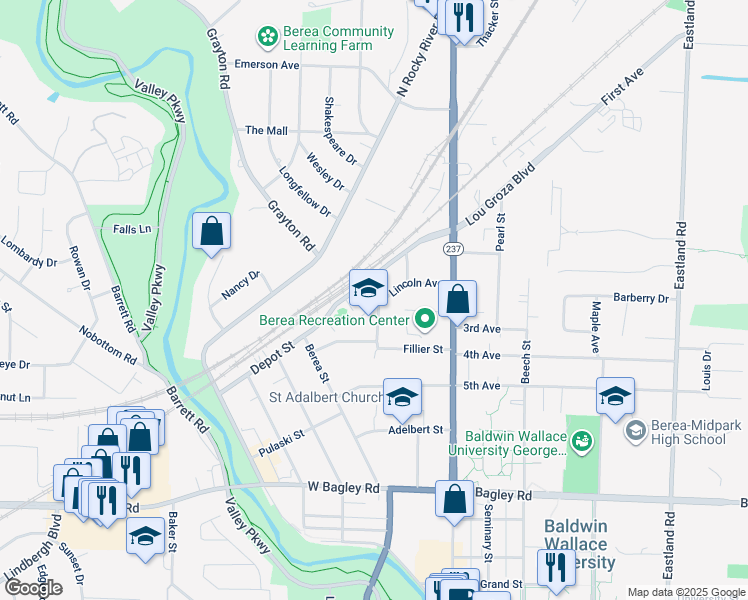 map of restaurants, bars, coffee shops, grocery stores, and more near 96 Lincoln Avenue in Berea
