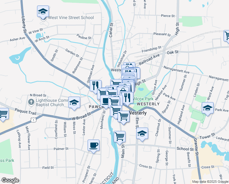 map of restaurants, bars, coffee shops, grocery stores, and more near 27 W Broad St in Stonington