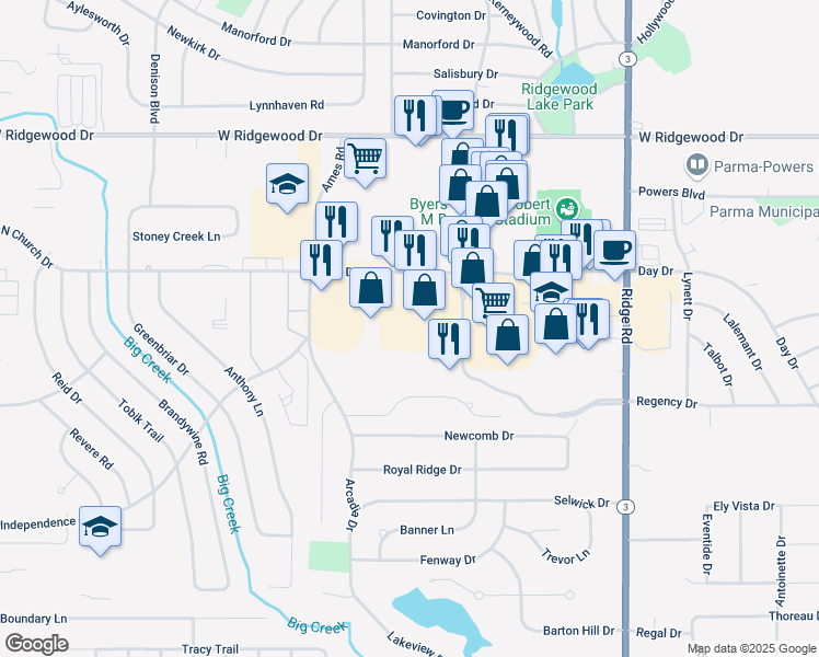map of restaurants, bars, coffee shops, grocery stores, and more near 8303 Day Drive in Parma