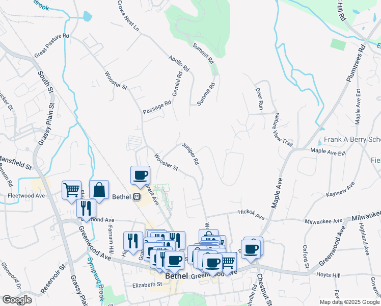 map of restaurants, bars, coffee shops, grocery stores, and more near 43 Juniper Road in Bethel
