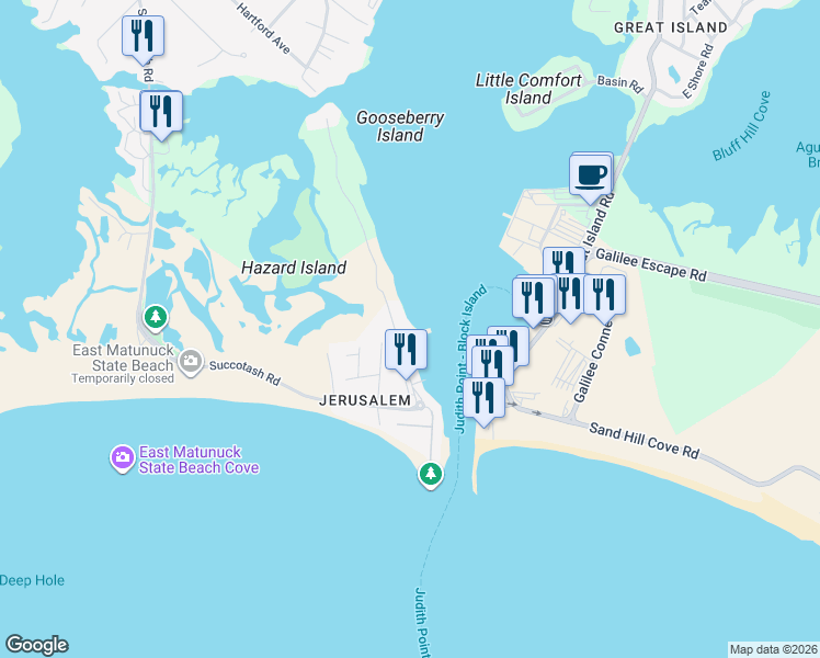 map of restaurants, bars, coffee shops, grocery stores, and more near 1187 Succotash Road in Narragansett