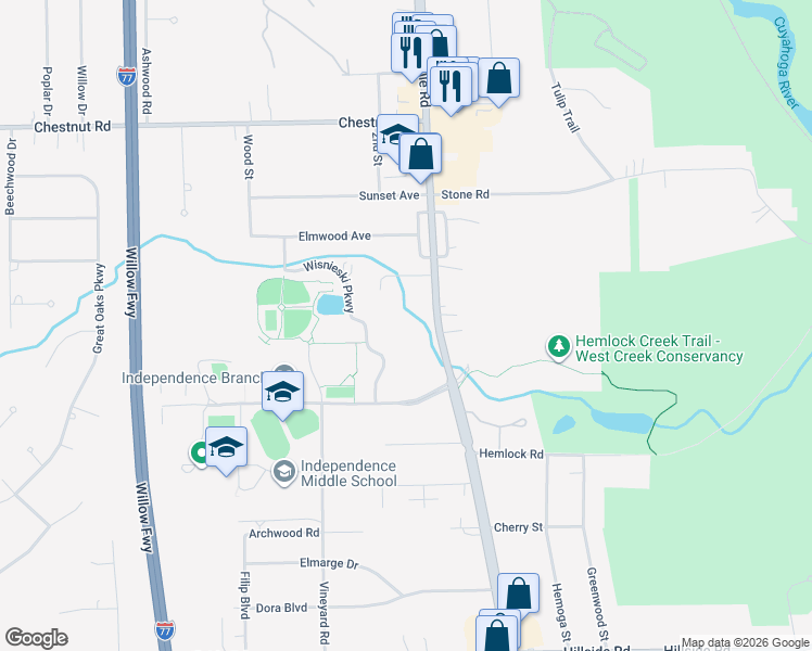 map of restaurants, bars, coffee shops, grocery stores, and more near 6748 Brecksville Road in Independence