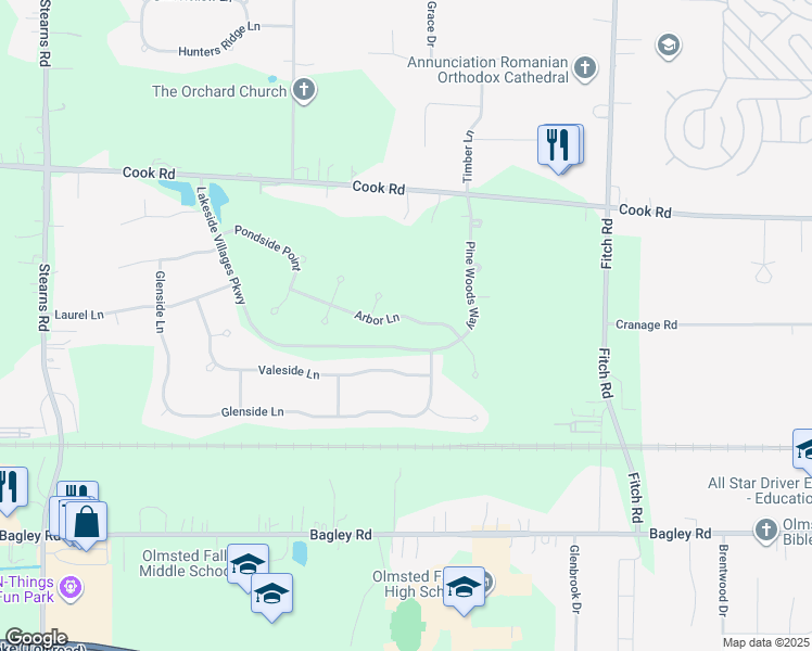map of restaurants, bars, coffee shops, grocery stores, and more near 26967 Arbor Lane in Cuyahoga County