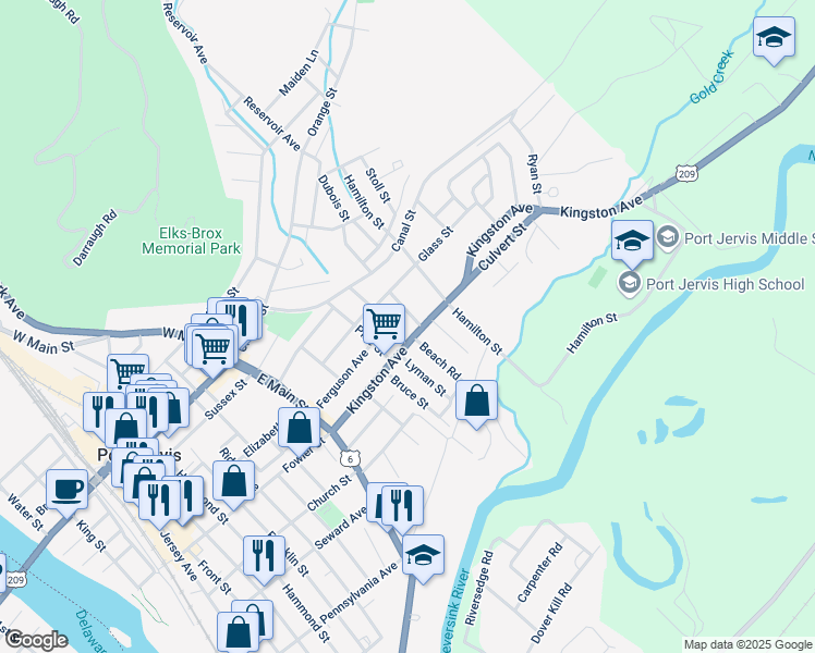 map of restaurants, bars, coffee shops, grocery stores, and more near 54-56 Kingston Avenue in Port Jervis