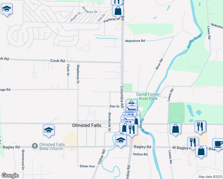 map of restaurants, bars, coffee shops, grocery stores, and more near 25670 Water Street in Olmsted Falls