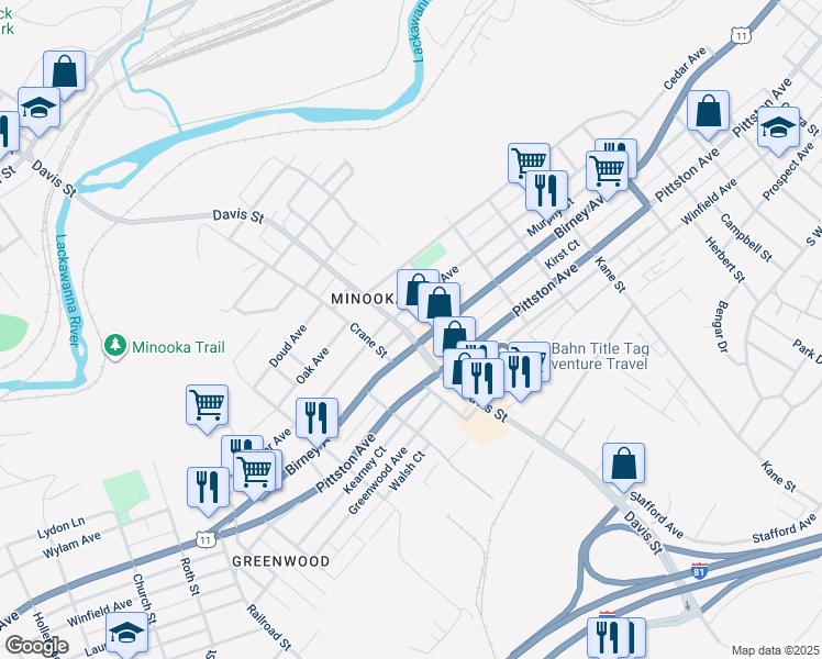 map of restaurants, bars, coffee shops, grocery stores, and more near 411 Davis Street in Scranton