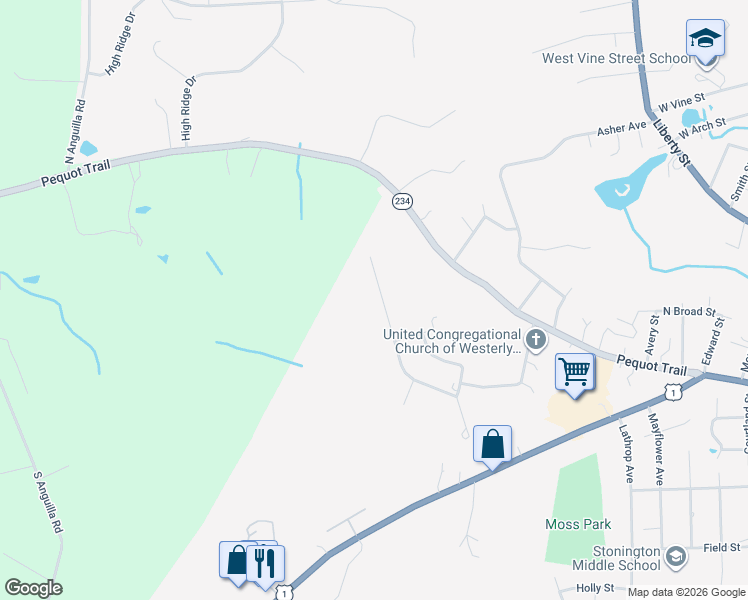 map of restaurants, bars, coffee shops, grocery stores, and more near 127 Castle Hill Road in Stonington