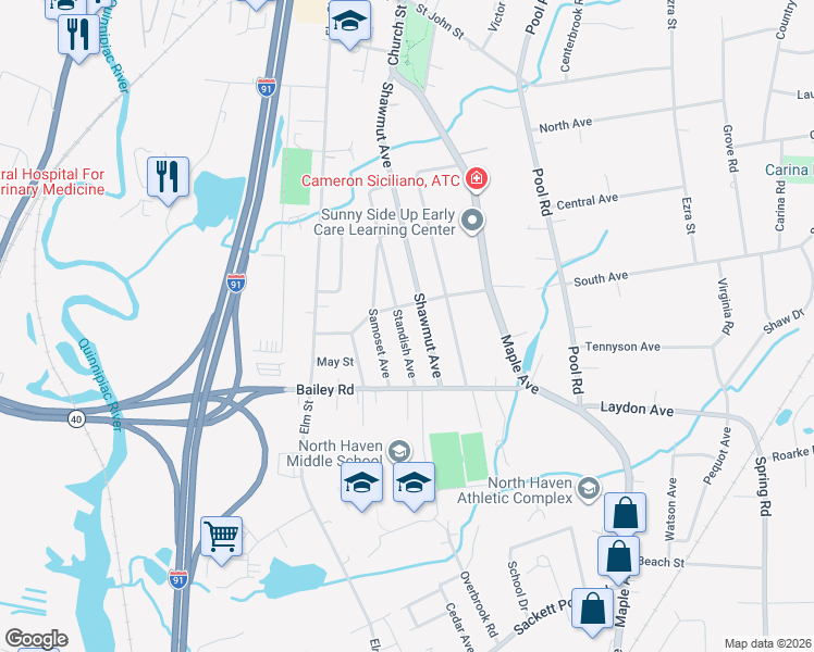 map of restaurants, bars, coffee shops, grocery stores, and more near 151 Standish Avenue in North Haven