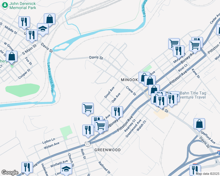 map of restaurants, bars, coffee shops, grocery stores, and more near 3214 Doud Avenue in Scranton