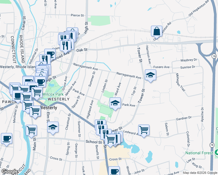 map of restaurants, bars, coffee shops, grocery stores, and more near 17 Linden Street in Westerly