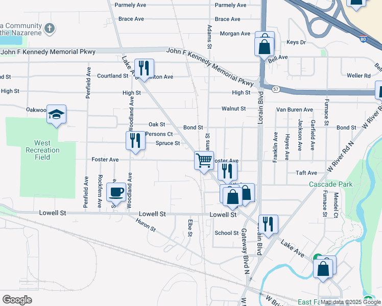map of restaurants, bars, coffee shops, grocery stores, and more near 818 Lake Avenue in Elyria
