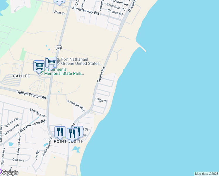map of restaurants, bars, coffee shops, grocery stores, and more near 27 Major Arnold Road in Narragansett