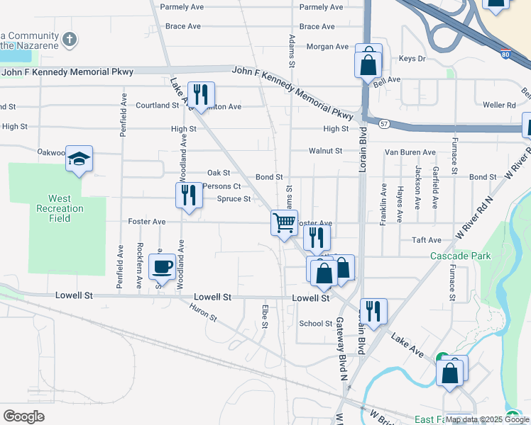 map of restaurants, bars, coffee shops, grocery stores, and more near 828 Lake Avenue in Elyria