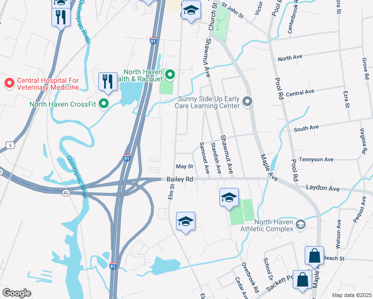 map of restaurants, bars, coffee shops, grocery stores, and more near 141 Elm Street in North Haven