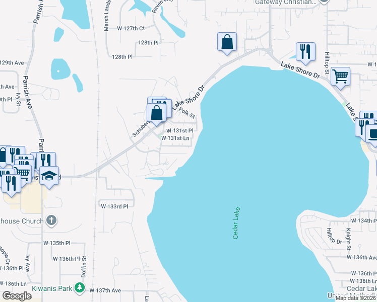 map of restaurants, bars, coffee shops, grocery stores, and more near 8602 West 132nd Place in Cedar Lake