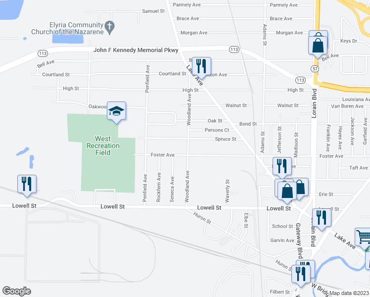 map of restaurants, bars, coffee shops, grocery stores, and more near 408 Woodland Avenue in Elyria