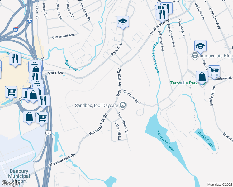 map of restaurants, bars, coffee shops, grocery stores, and more near 31 Wooster Heights in Danbury