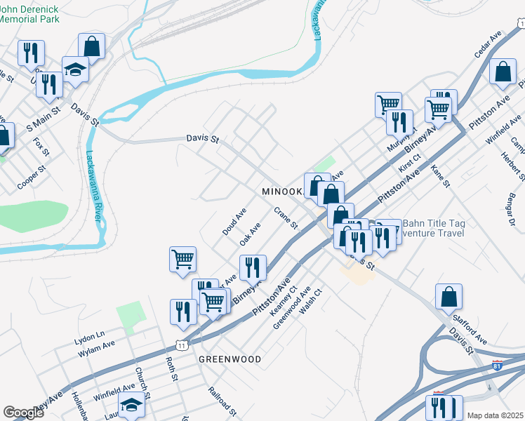 map of restaurants, bars, coffee shops, grocery stores, and more near 3210 Oak Ave in Scranton