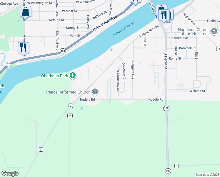 map of restaurants, bars, coffee shops, grocery stores, and more near 538 Huddle Road in Napoleon