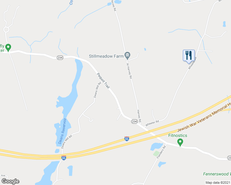 map of restaurants, bars, coffee shops, grocery stores, and more near 1016 Pequot Trail in Stonington