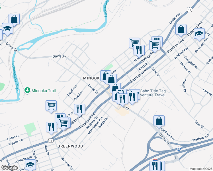 map of restaurants, bars, coffee shops, grocery stores, and more near 411 Davis Street in Scranton