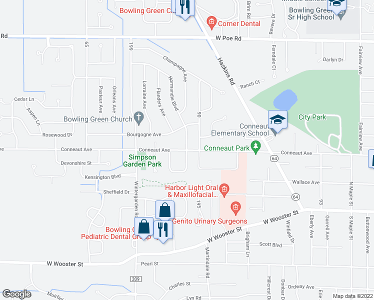 map of restaurants, bars, coffee shops, grocery stores, and more near Conneaut Avenue in Bowling Green