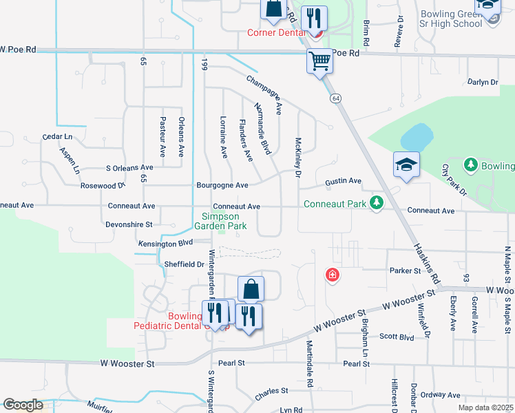 map of restaurants, bars, coffee shops, grocery stores, and more near Conneaut Avenue in Bowling Green