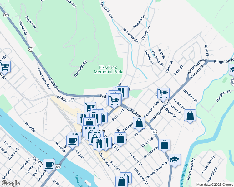 map of restaurants, bars, coffee shops, grocery stores, and more near 10 Canal Street in Port Jervis