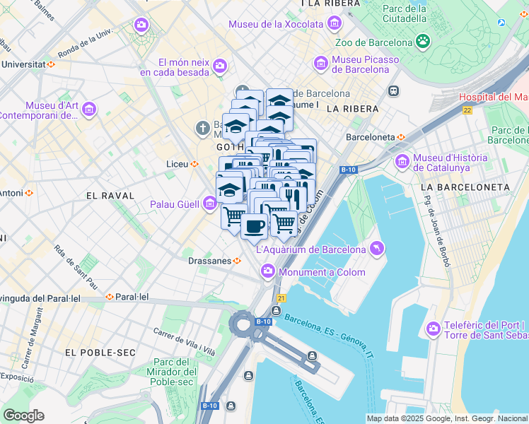 map of restaurants, bars, coffee shops, grocery stores, and more near 17 Carrer Nou de Sant Francesc in Barcelona