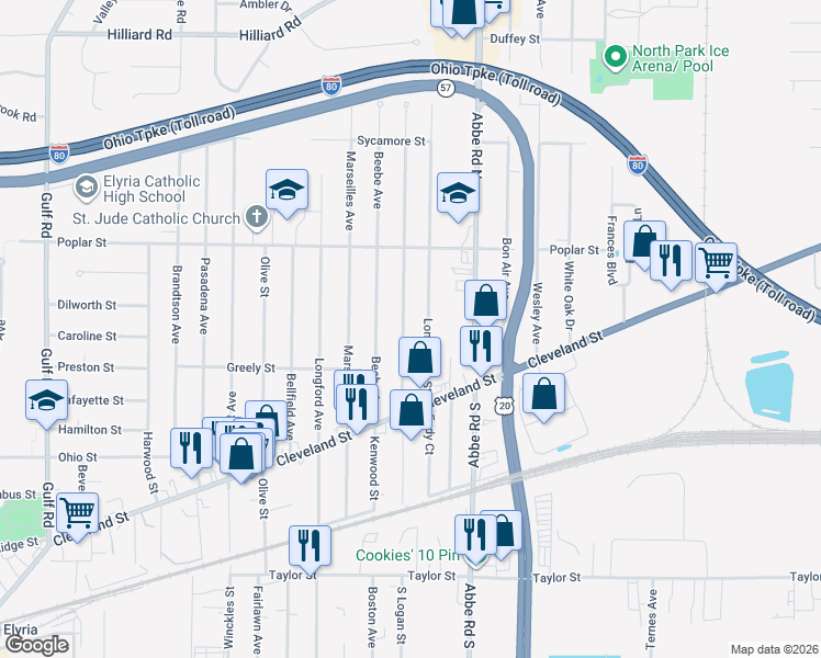map of restaurants, bars, coffee shops, grocery stores, and more near 233 Hawthorne St in Elyria