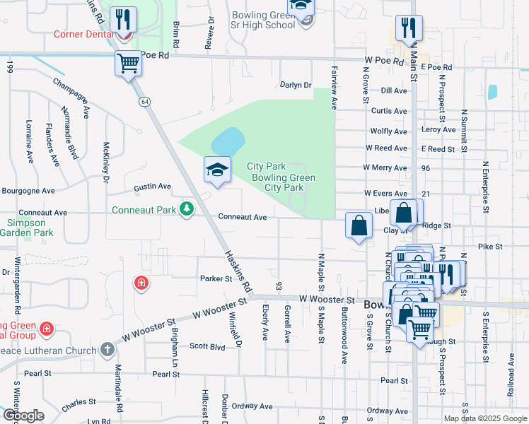 map of restaurants, bars, coffee shops, grocery stores, and more near 614 Conneaut Avenue in Bowling Green